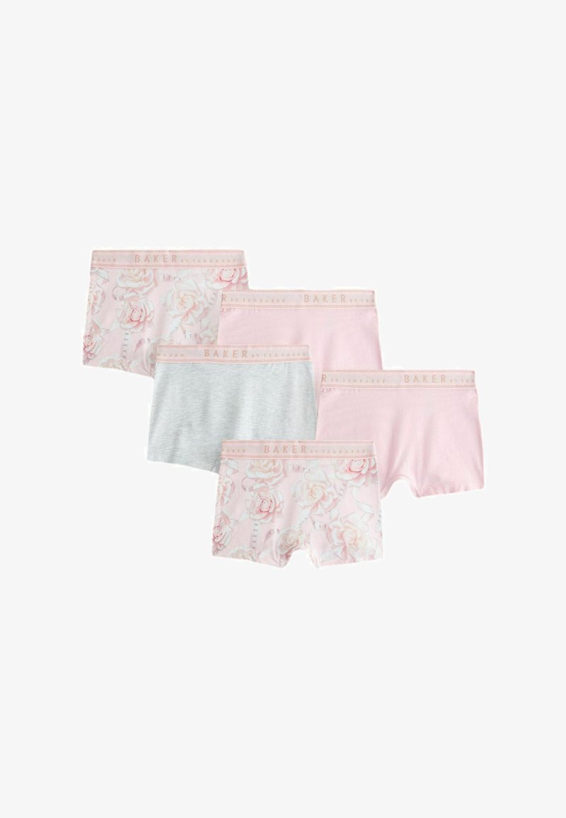Cinq shortys pour femmes en rose pastel et gris, dont trois avec des motifs floraux et des ceintures élastiques étiquetées "BAKER BY TED BAKER".
