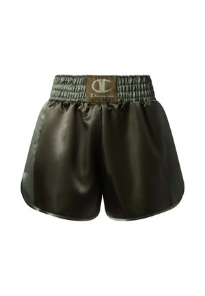 Pantaloncini sportivi in raso verde scuro con ampia fascia elastica in vita con patch logo Champion al centro davanti.