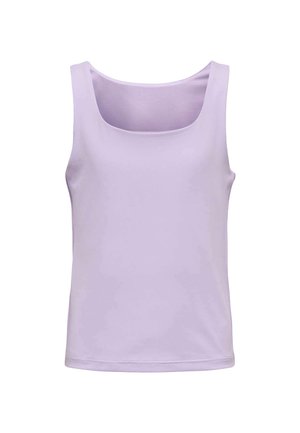 Débardeur lavande sans manches avec une encolure arrondie, un design simple et une texture de tissu lisse, présenté sur fond blanc.