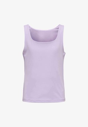Débardeur lavande sans manches avec une encolure arrondie, un design simple et une texture de tissu lisse, présenté sur fond blanc.