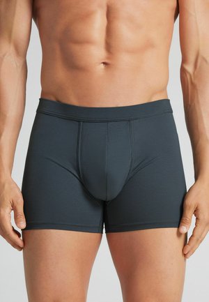 Mandlig torso iført mørkegrå tætsiddende boxershorts, stående med armene afslappet langs siden mod en ensfarvet baggrund.