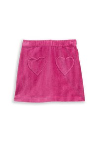 Rosa Cord-Rock mit einem gerafften Bund, zwei gestickten Herz-Taschen und vertikaler Rippstruktur.