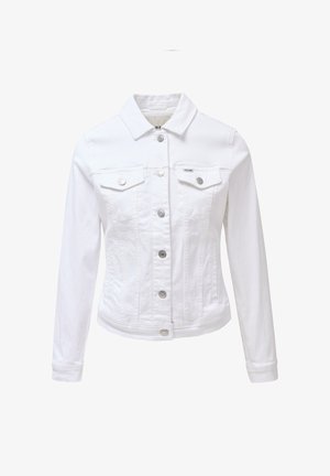 Valkoinen farkkutakki, jossa on napitettava suljenta, kaksi nappitolpallista rintataskua, pitkät hihat ja kaulus.