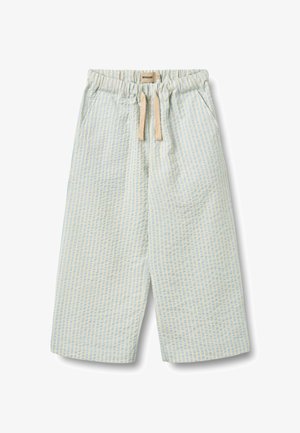 Pantalon large rayé bleu clair et beige avec une taille élastique et un cordon beige, avec des poches latérales et un tissu texturé.