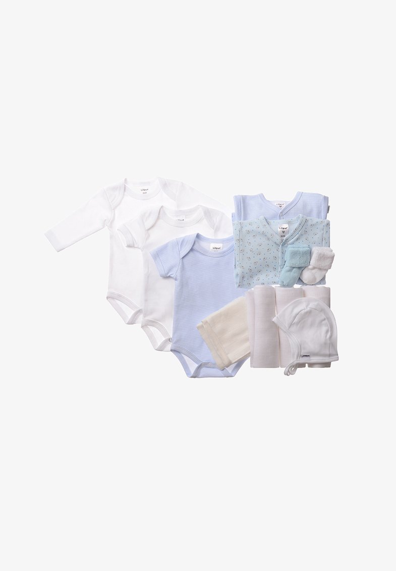 Set of baby clothes includes three white bodysuits, two blue bodysuits, a floral outfit, mittens, a hat, and two soft blankets.