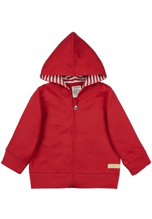 Roter Reißverschluss-Hoodie mit Kapuze, langen Ärmeln und gestreifter Innenausstattung. Enthält ein Etikett auf der unteren rechten Seite. Weicher Stoff.