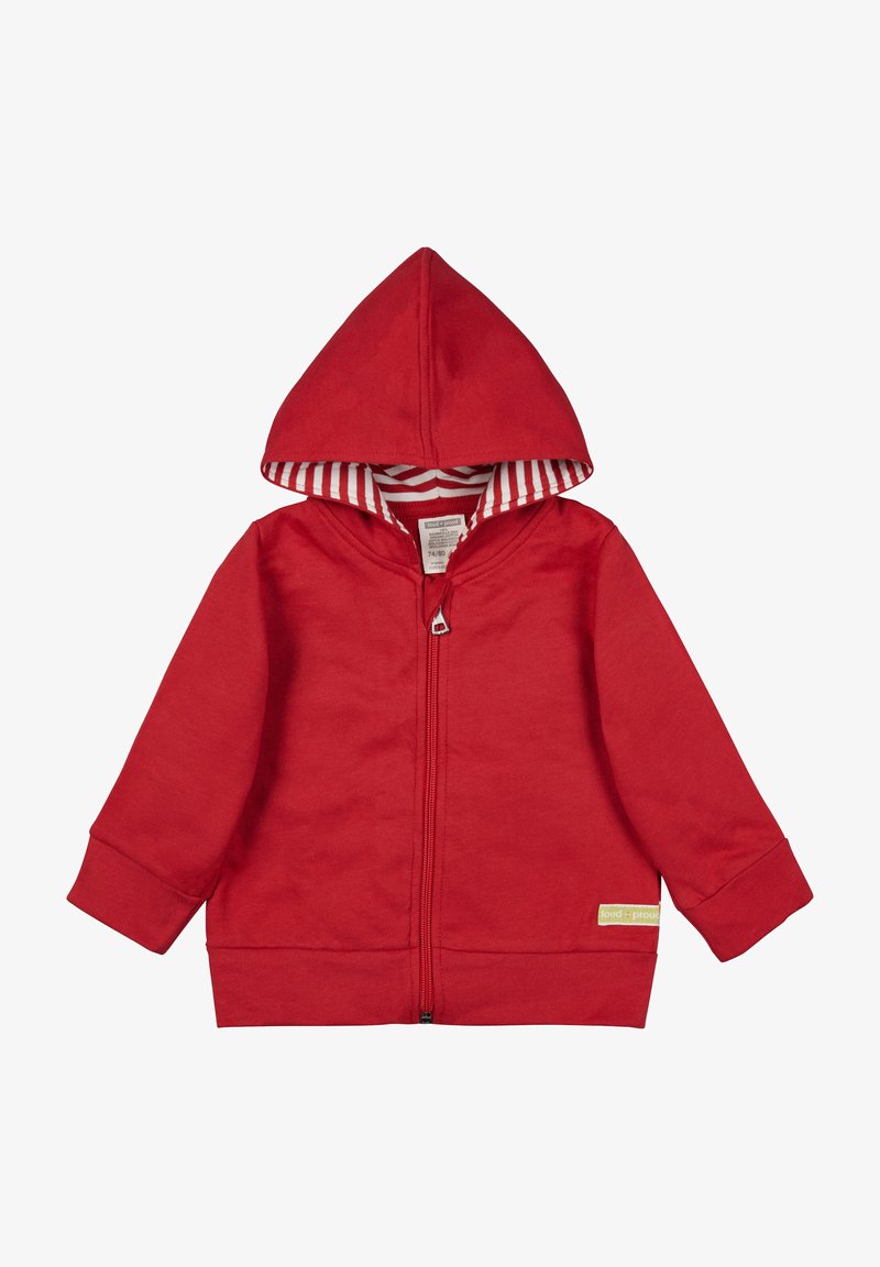 Felpa rossa con zip, dotata di cappuccio, maniche lunghe e rivestimento a righe. Include un'etichetta sul lato inferiore destro. Texture del tessuto morbida.