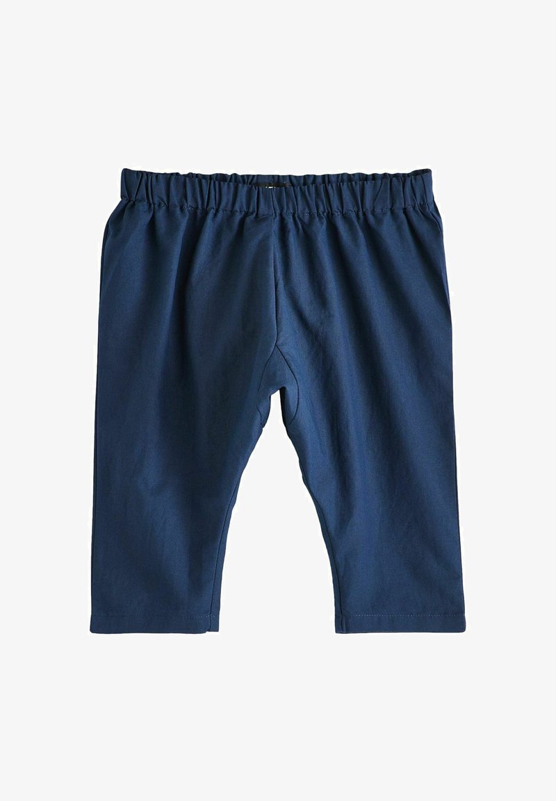 Pantaloni in cotone blu navy con vita elasticizzata, lunghezza cropped e superficie liscia. Nessun motivo visibile o dettagli hardware.