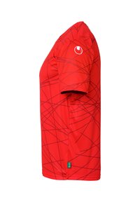 Rode sportieve T-shirt met korte mouwen, een ronde halslijn en een abstract lijnpatroon in dieper rood. Wasbaar in de machine, lichtgewicht.