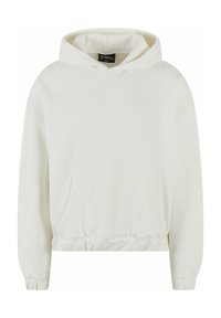 White cropped hoodie made of soft fabric featuring a drawstring hood, front kangaroo pocket, and ribbed cuffs. Smooth texture and minimal design.