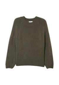 Pull en laine vert olive avec un col rond, des poignets et un ourlet côtelés ; possède une finition texturée et des manches raglan pour plus de liberté de mouvement.