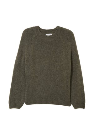 Maglione in lana verde oliva con scollo rotondo, polsini e orlo a coste; presenta una finitura testurizzata e maniche a raglan per facilitare i movimenti.