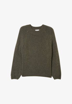 Olivgrüner Wollpullover mit rundem Halsausschnitt, gerippten Bündchen und Saum; verfügt über eine strukturierte Oberfläche und Raglanärmel für mehr Bewegungsfreiheit.