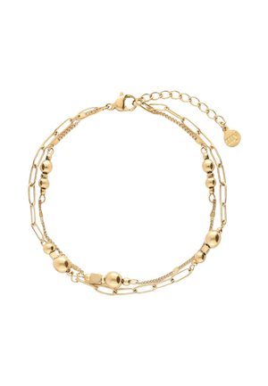 Gouden kettingarmband met een mix van ovale schakels en ronde kralen. Verstelbare sluiting met een verlengkettinkje en een klein hangertje.
