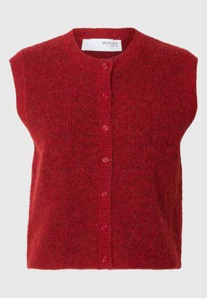 Cardigan senza maniche di colore rosso realizzato in tessuto a maglia testurizzato, con scollatura tonda e sei bottoni coordinati sulla parte anteriore.