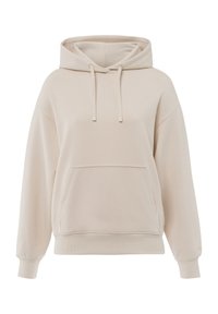 Beige hoodie gemaakt van zachte stof, met een voorzak, trekkoordcapuchon en geribbelde manchetten. Relaxte pasvorm met een minimalistisch ontwerp.