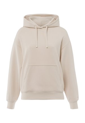Beige hoodie gemaakt van zachte stof, met een voorzak, trekkoordcapuchon en geribbelde manchetten. Relaxte pasvorm met een minimalistisch ontwerp.