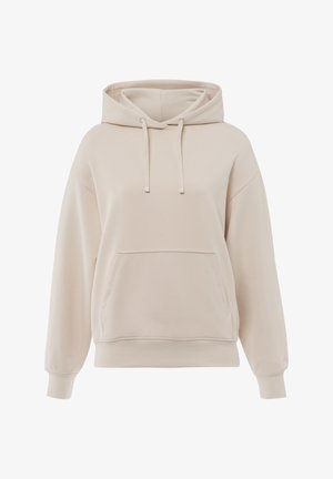 Beige Kapuzenpullover aus weichem Stoff, mit einer vorderen Tasche, Zugkordelkapuze und gerippten Bündchen. Lockere Passform mit minimalistischem Design.