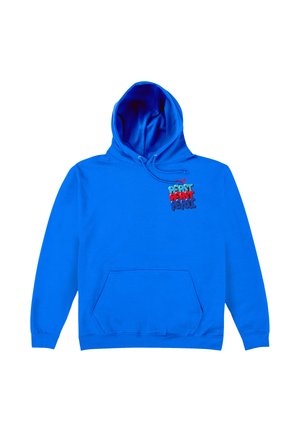 Blauer Kapuzenpullover mit Fronttasche, der ein kleines, buntes "PEPSI"-Textgrafik auf der oberen linken Brust unter den Kapuzenbändern zeigt.