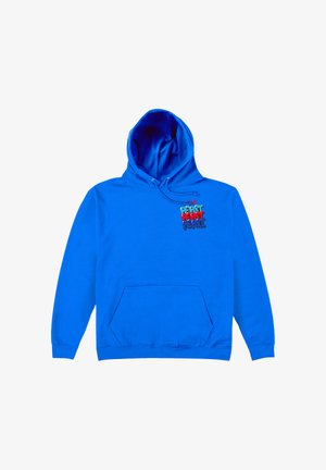 Blauwe hoodie met voorzak, voorzien van een klein kleurrijk "PEPSI" tekstgrafiekje op de bovenste linkerkant van de borst, onder de capuchontouwen.