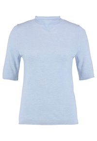 Ljusblå kortärmad topp med hög hals, tillverkad av ett mjukt tyg. Har en figurnära silhuett och enkel design utan mönster.