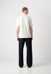 Lichtgroen poloshirt met korte mouwen en een rechte snit, gecombineerd met donkere, losse broek en zwarte schoenen. Achteraanzicht.