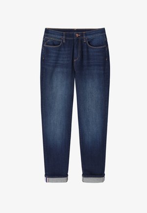 Mørkeblå denimjeans med lige snit, der har op-rullede sænkninger og kontrasterende syninger. Fire lommer og knaplukning i taljen.