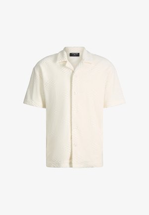 Camicia bianca testurizzata a maniche corte con collo alla coreana e cinque bottoni sul davanti, etichettata Strellson.