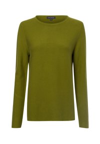 Grüner, langärmeliger Strickpullover mit Rundhalsausschnitt und strukturiertem Finish. Keine sichtbaren Muster oder Hardware-Details.