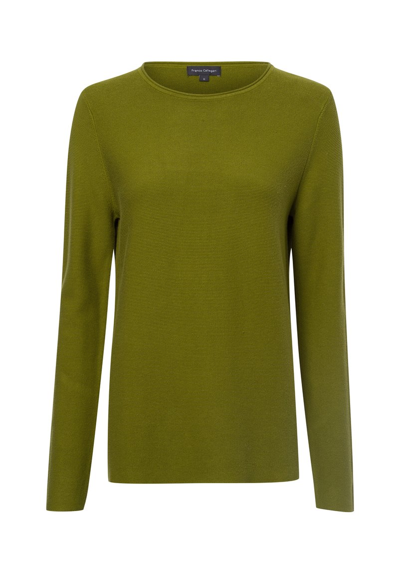 Grüner, langärmeliger Strickpullover mit Rundhalsausschnitt und strukturiertem Finish. Keine sichtbaren Muster oder Hardware-Details.
