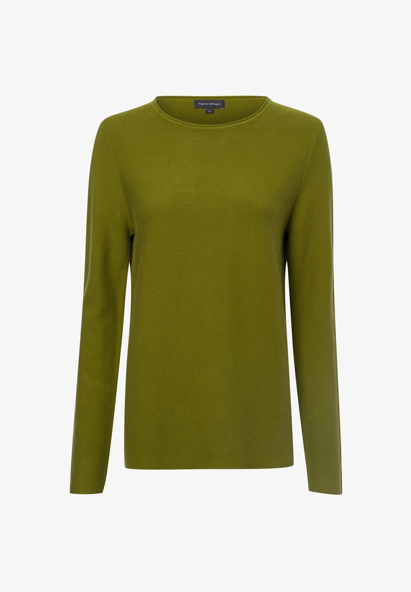 Grüner, langärmeliger Strickpullover mit Rundhalsausschnitt und strukturiertem Finish. Keine sichtbaren Muster oder Hardware-Details.