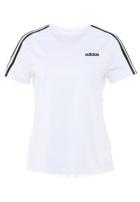 Vit kortärmad T-shirt med svart Adidas-logga på bröstet och svarta sidostråk. Slät tyg med avslappnad passform och rund halsringning.