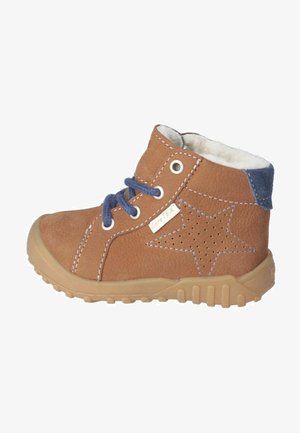 Braune Lederstiefelette mit blauen Akzenten, Sternen-Design, weißer Naht und brauner Gummisohle mit strukturiertem Grip. Mit weichem Material gefüttert.