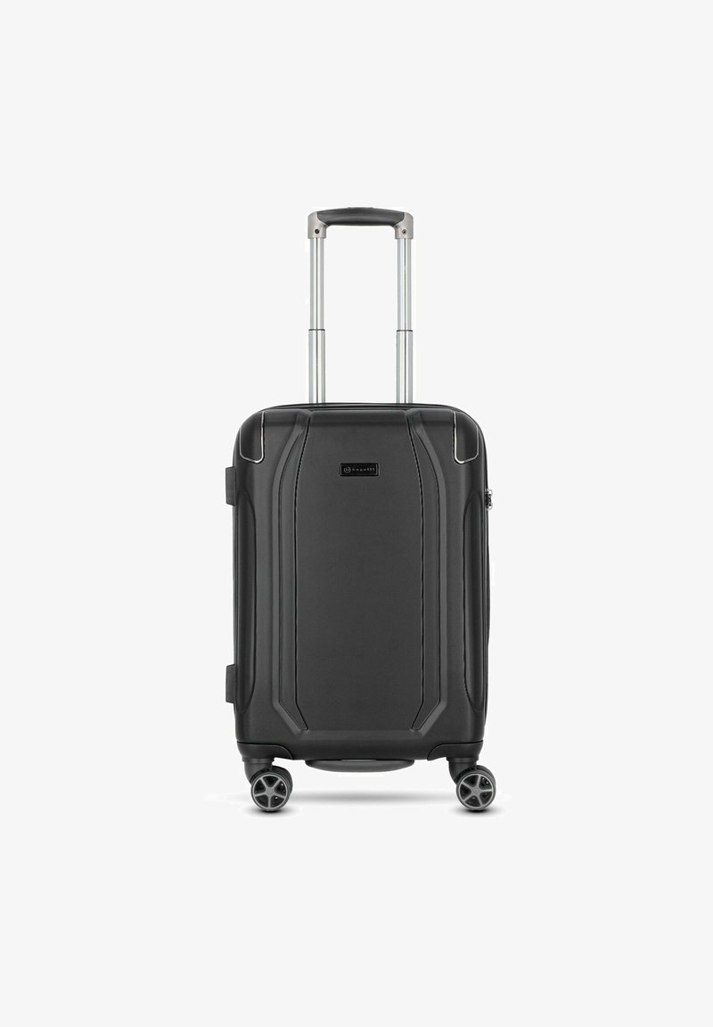 Harde zwarte koffer met een gestructureerd oppervlak, voorzien van een telescopische handgreep en vier multidirectionele wielen voor gemakkelijke wendbaarheid.