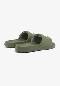 Green rubber slide sandals with an open toe and back design. Features textured insoles and a raised logo on the strap. Suitable for casual wear.