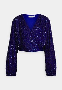 Top corto avvolgente blu con paillettes, maniche lunghe, scollatura a V profonda e superficie testurizzata e scintillante.