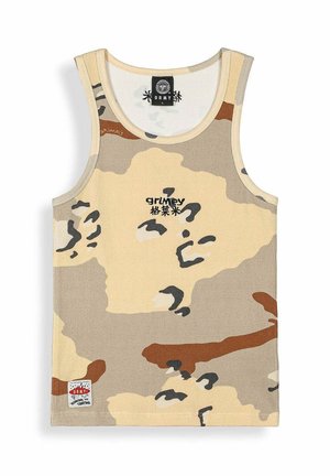 Canotta mimetica senza maniche in beige, marrone e grigio con testo nero "grmy" e piccola patch del logo nell'angolo in basso a sinistra.
