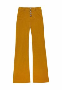 Pantalons en velours côtelé jaune moutarde évasés avec cinq boutons à l'avant, deux poches avant et une texture lisse. Coupe classique et design à jambes larges.