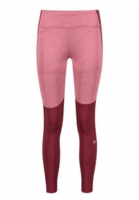 Rosa och burgundröda leggings med en mjuk textur, hög midja och Nike-logotyp på vänster vad, med en färgblockdesign.
