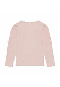 Langärmliges Oberteil in Hellrosa. Weicher Stoff mit einem schlichten Design, rundem Ausschnitt und gerafften Schulterelementen. Sauberer Rückenansicht.