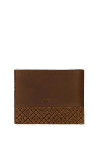 Bruine bifold-portemonnee met gladde en patroonleren secties, voorzien van subtiele in reliëf aangebrachte branding in het midden aan de voorkant.