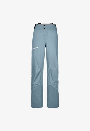 Sky blue waterproof pants with adjustable straps, two side pockets, and reinforced lower sections feature a modern, functional design.