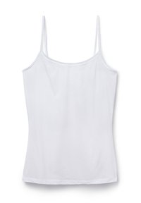 White sleeveless camisole top with thin straps, made of smooth fabric. Features a round neckline and a straight hem. Simple design with no patterns.