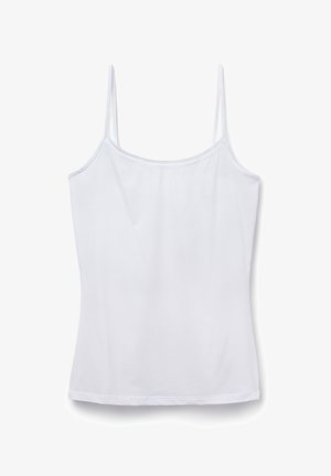 Biała koszulka bez rękawów z cienkimi ramiączkami, wykonana z gładkiego materiału. Posiada okrągły dekolt i prosty dół. Prosty design bez wzorów.