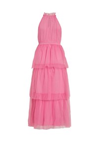 Roza večerna obleka iz tila s plastičnim dizajnom, ki ima halter izrez z nabranim ovratnikom in ključavnico na hrbtni strani.