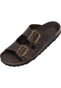 Brown leather sandals with two adjustable straps and gold buckles, featuring decorative studs and a textured cork footbed.