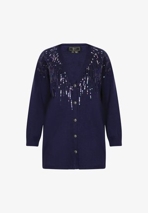 Marineblauer Cardigan mit langen Ärmeln, V-Ausschnitt, Knopfverschluss, verziert mit Pailletten in einem kaskadierenden Muster über den Schultern.