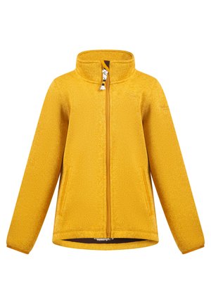 Kollane fliisk jacket kõrge kaelusega, tõmblukk ees, kaks küljetaskut ja kontrastne tõmbluku detail. Pehme tekstuur, pikad varrukad.
