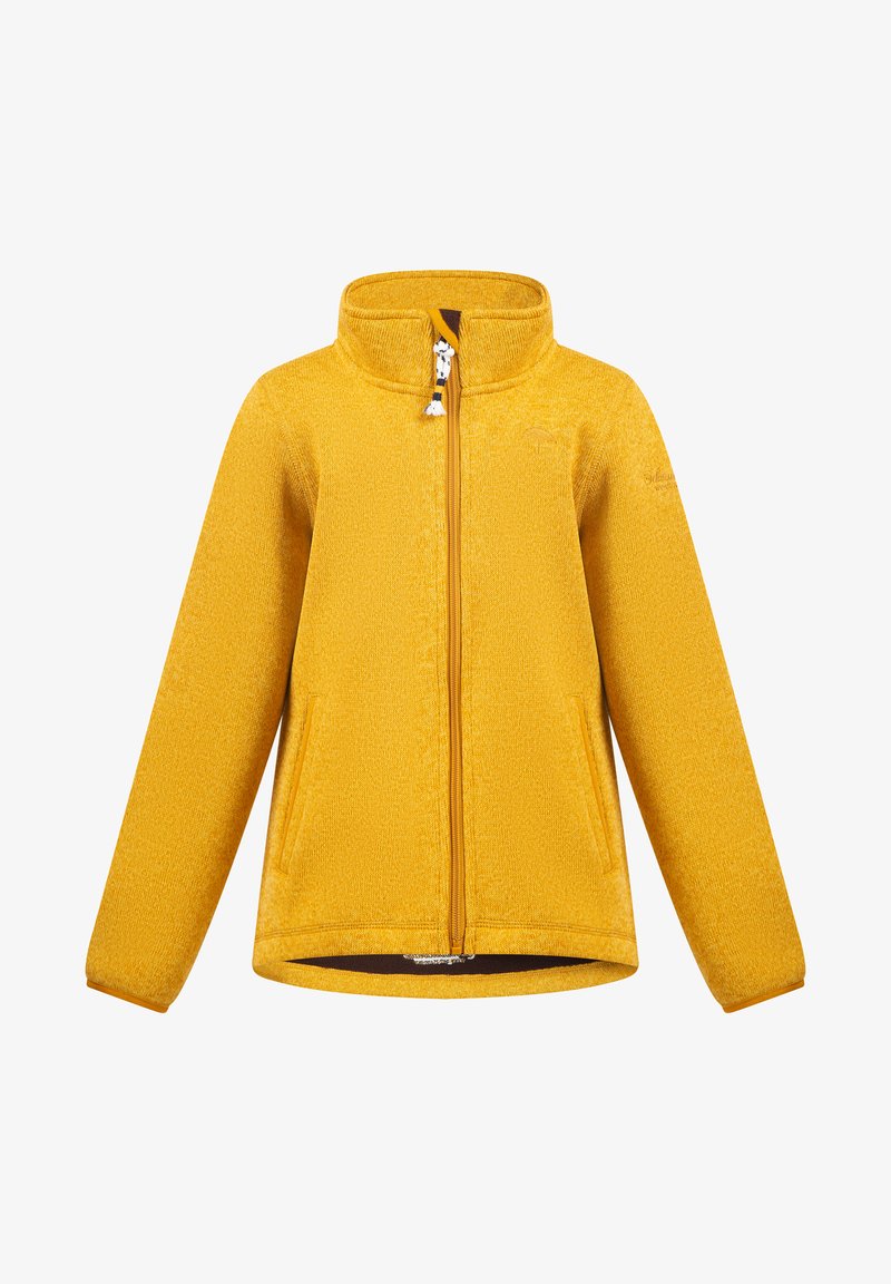 Geltona flisinė striukė su aukštu apykakliu, užtrauktuku priekyje, dviem šoninėmis kišenėmis ir kontrastinga užtrauktuko detalė. Minkšta tekstūra, ilgomis rankovėmis.