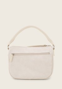 Sac en bandoulière beige avec un extérieur en tissu texturé, une poignée ronde, une poche zippée à l'avant et des accents en synthétique lisse.